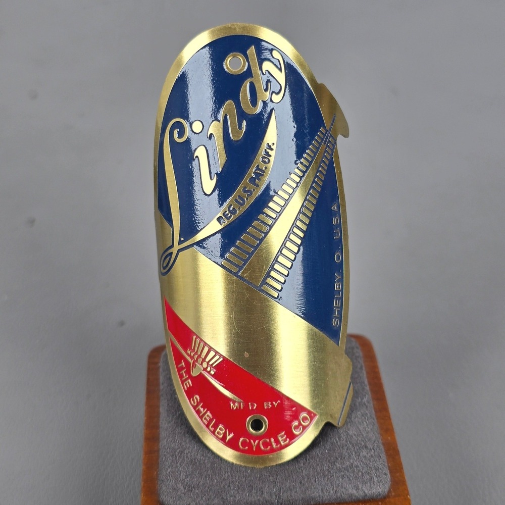 READ VTG Lindy Shelby Cycle Co Brass Bicycle Head Badge Blue Red Enamel USA Made